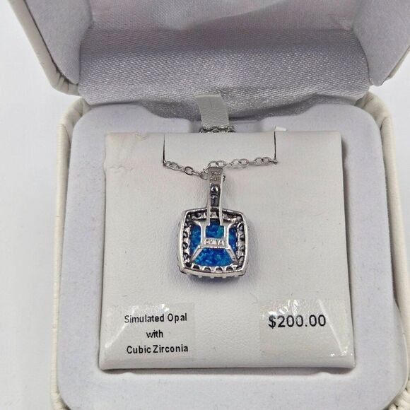New Simulated Opal Cubic Zirconia Pendant Necklace Sterling Silver Chain - Picture 3 of 4